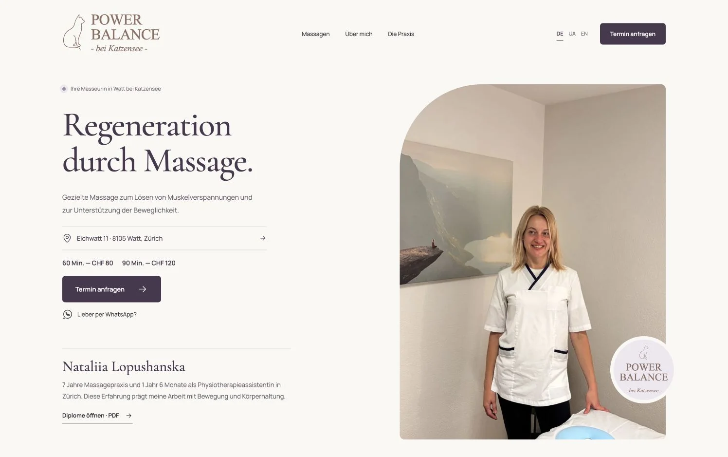Power Balance website showing the massage practice and practitioner Nataliia Lopushanska.